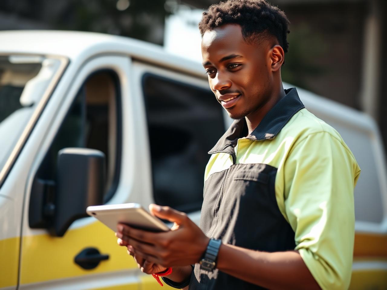 Driver using a tablet beside a delivery van